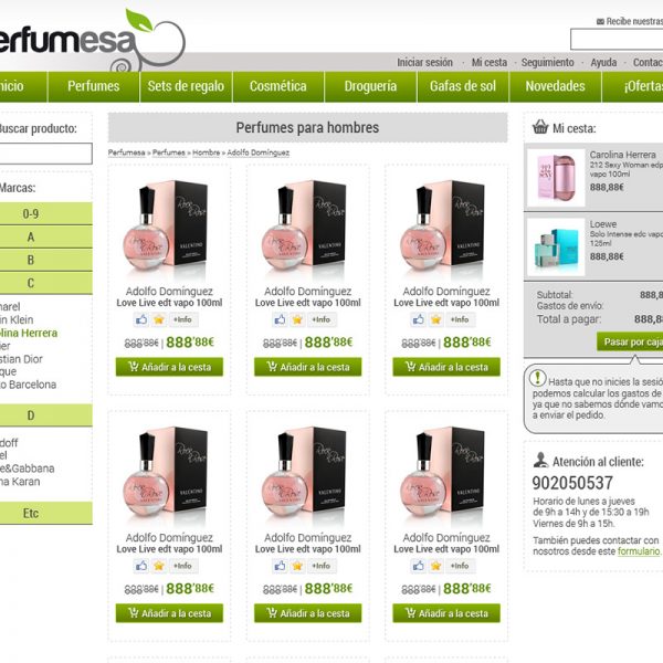 Diseño de Interface, catálogo de productos Tienda online de perfumería y cosmética