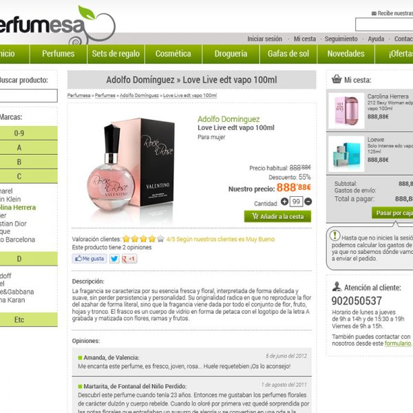 Diseño de Interface, detalle de producto Tienda online de perfumería y cosmética