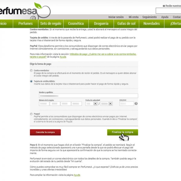 Diseño de Interface, proceso de compra, elegir forma de pago Tienda online de perfumería y cosmética